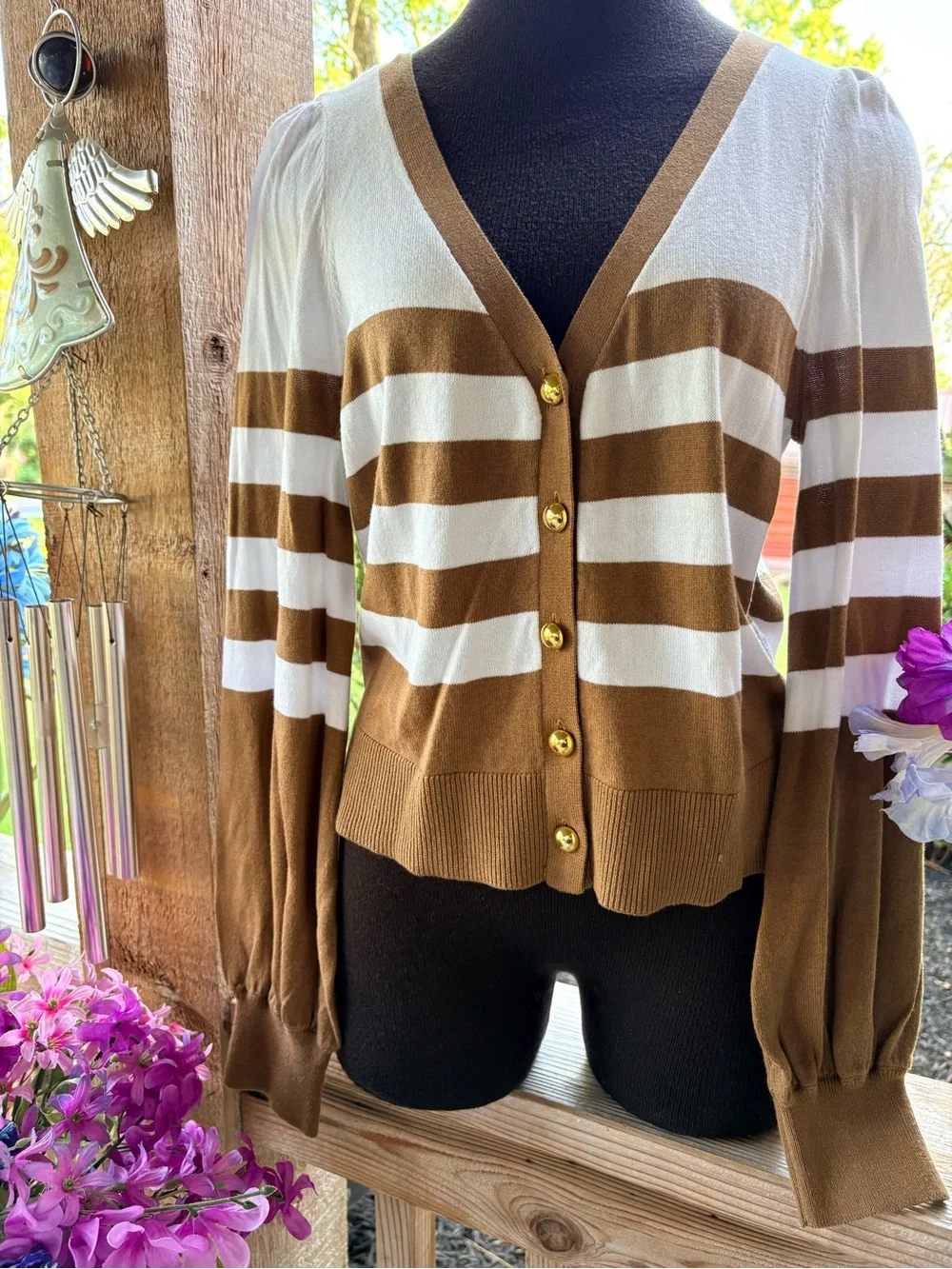 Michael Kors Tan & White Striped Button Front Puff Sleeve Cropped Knit Sweater